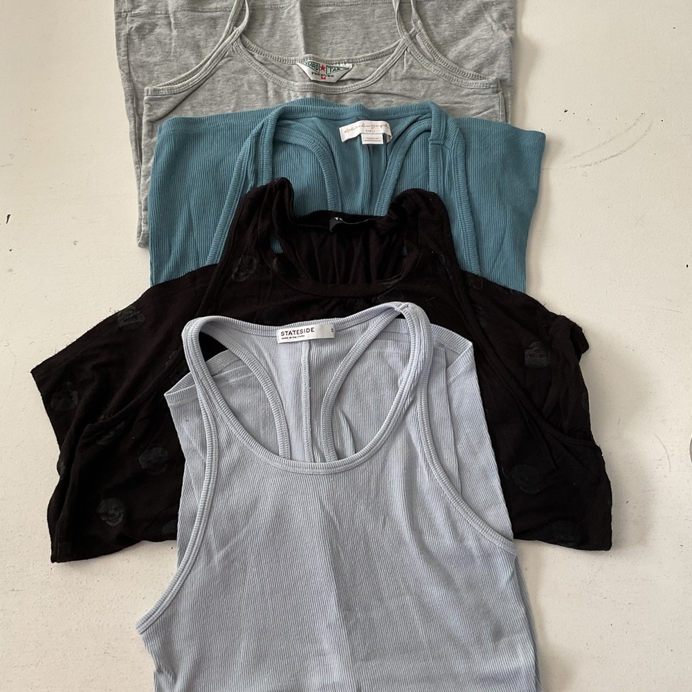 Mixed tank bundle. Spiritual gangster, hard tail, & misc, 3 smalls & 1 medium.